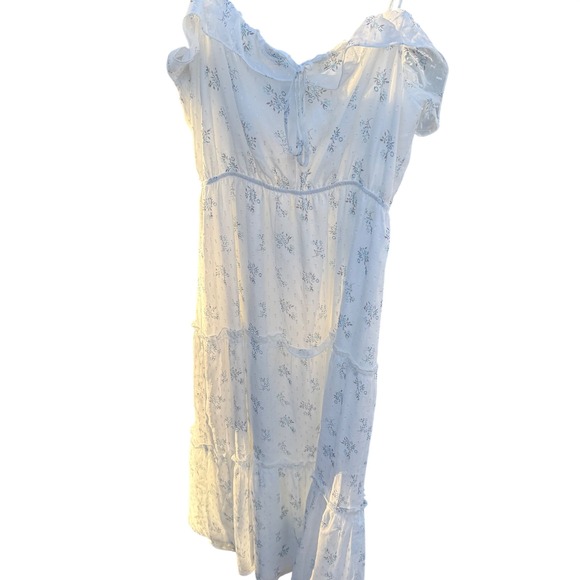 Womens L White Maxi Dress Floral Swiss Dot Tiered Ruffle Sleeve Cottage Prairie - Picture 5 of 11